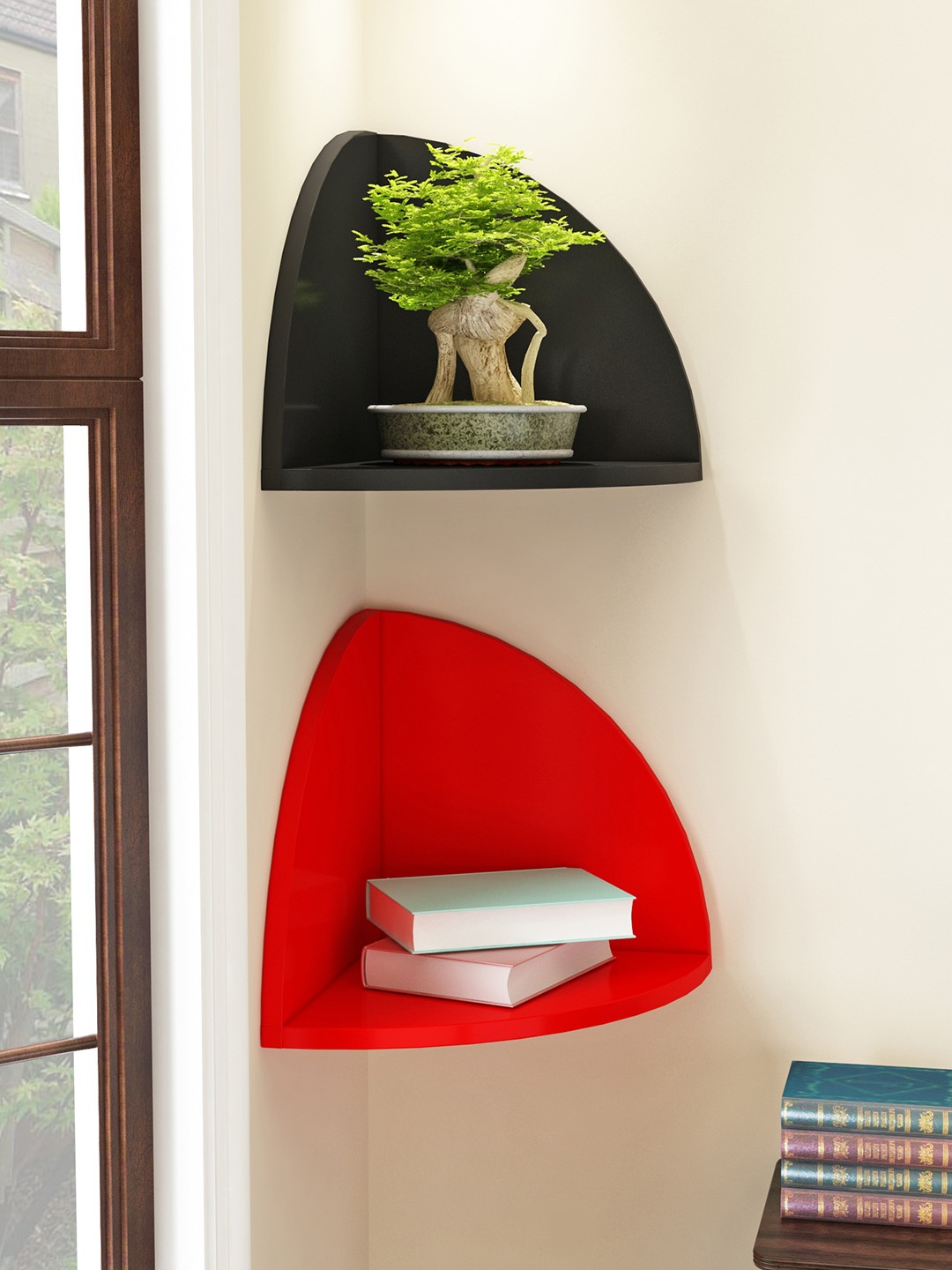 Home Sparkle Black & Red Set of 2 MDF Corner Wall Shelf