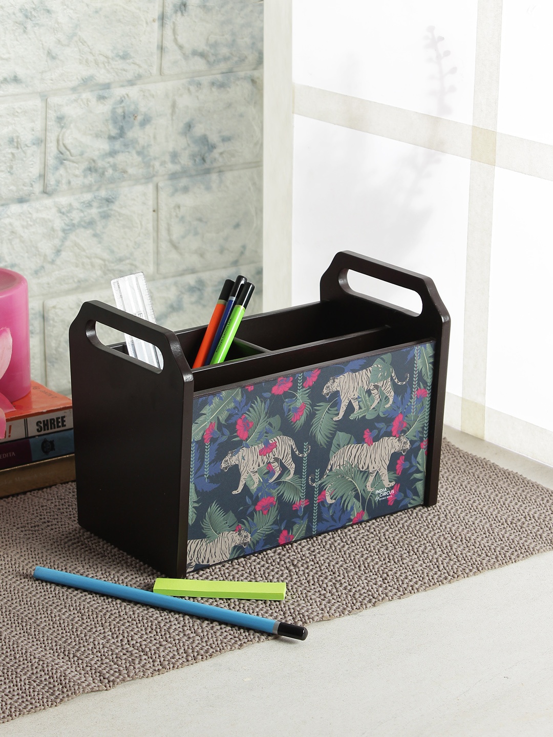 India Circus by Krsnaa Mehta Coffee Brown & Beige MDF Desk Organiser