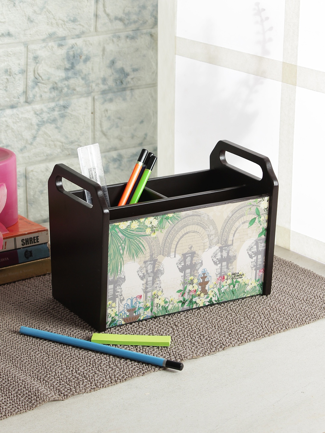 India Circus by Krsnaa Mehta Coffee Brown & Grey MDF Desk Organiser