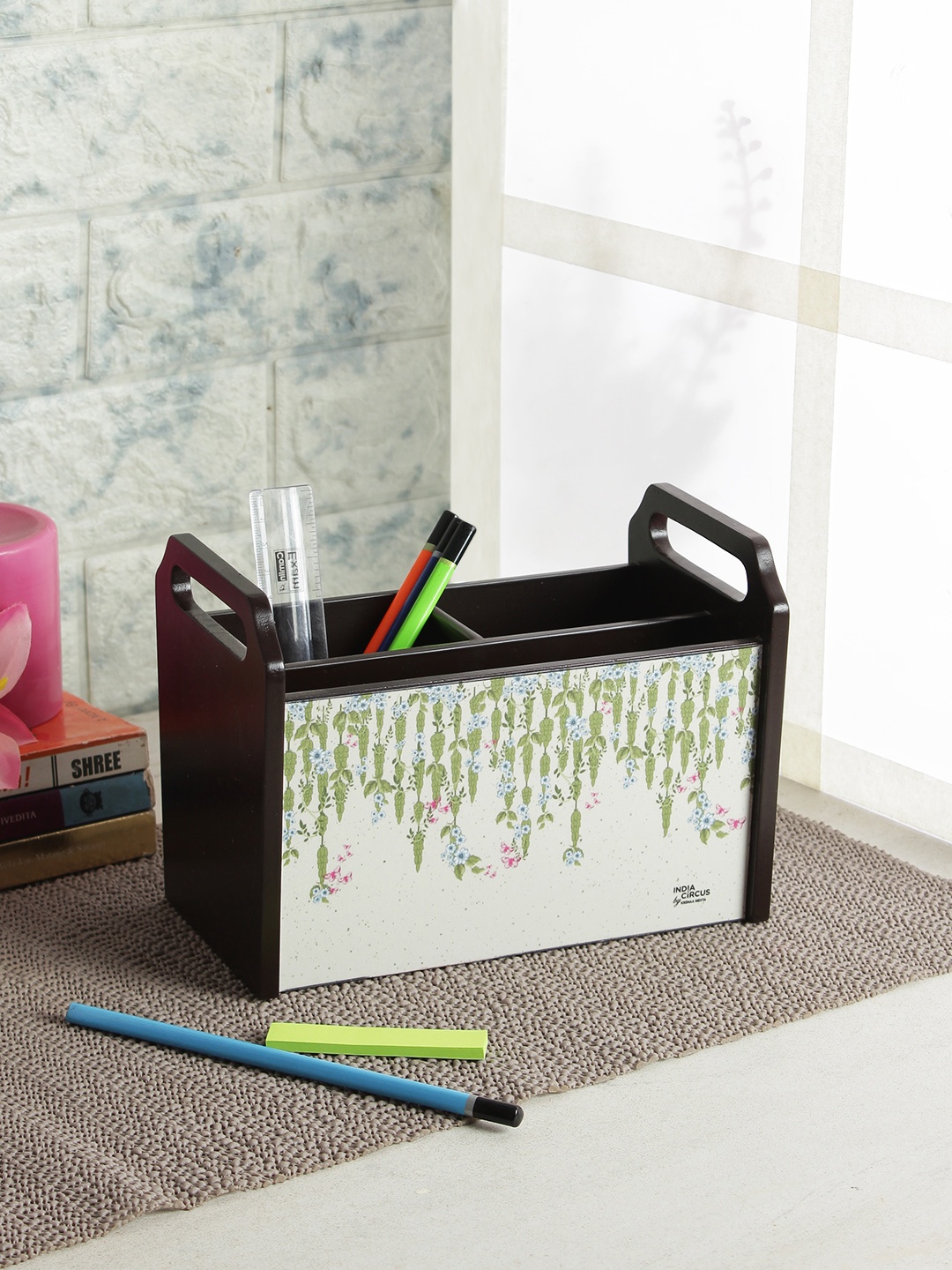 India Circus by Krsnaa Mehta Coffee Brown & Beige MDF Desk Organiser