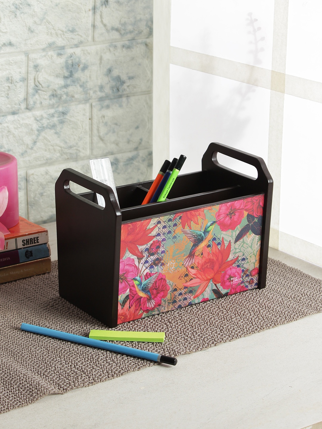 India Circus by Krsnaa Mehta Coffee Brown & Pink MDF Desk Organiser