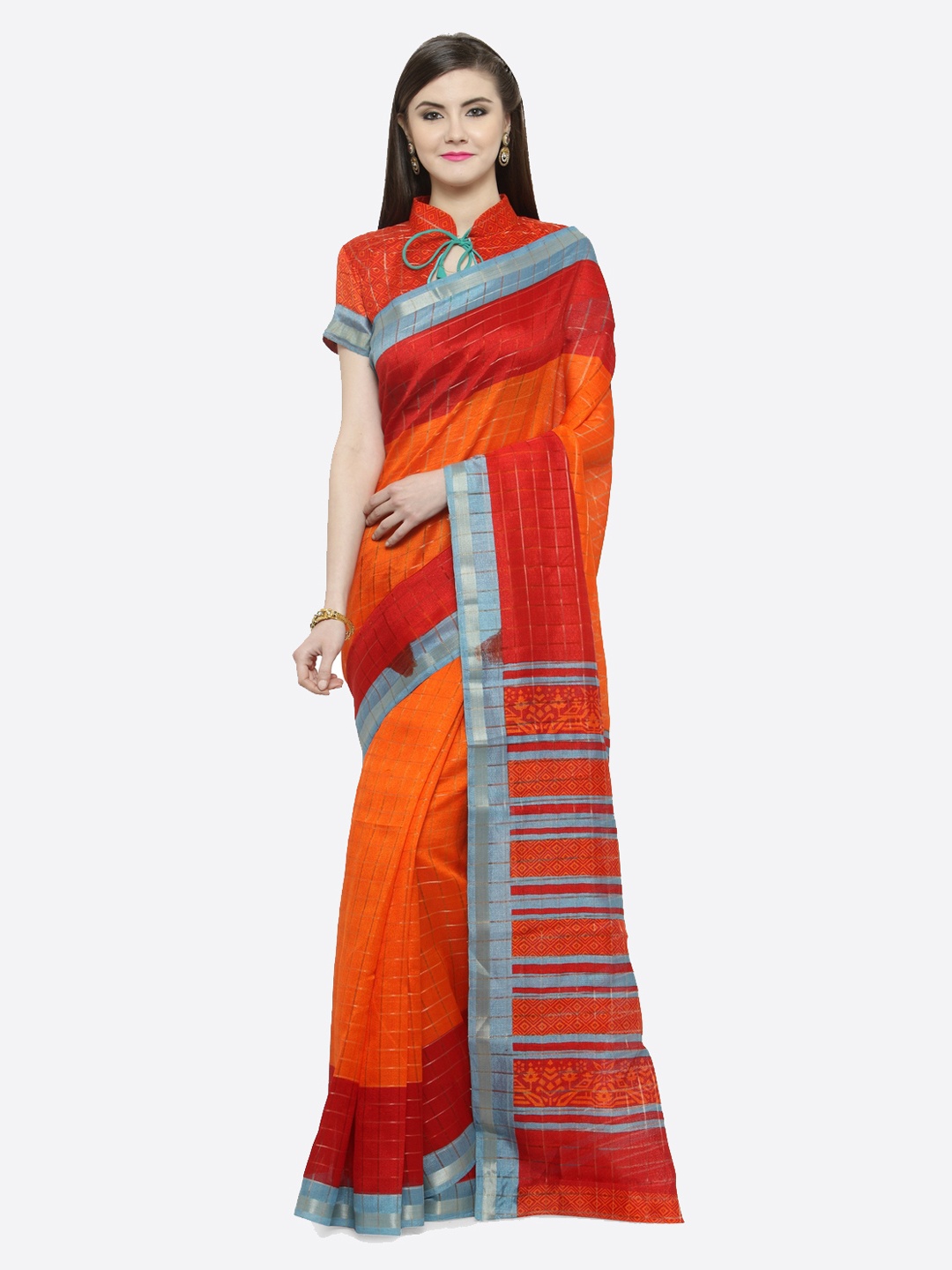Shaily Orange & Red Silk Cotton Checked Saree