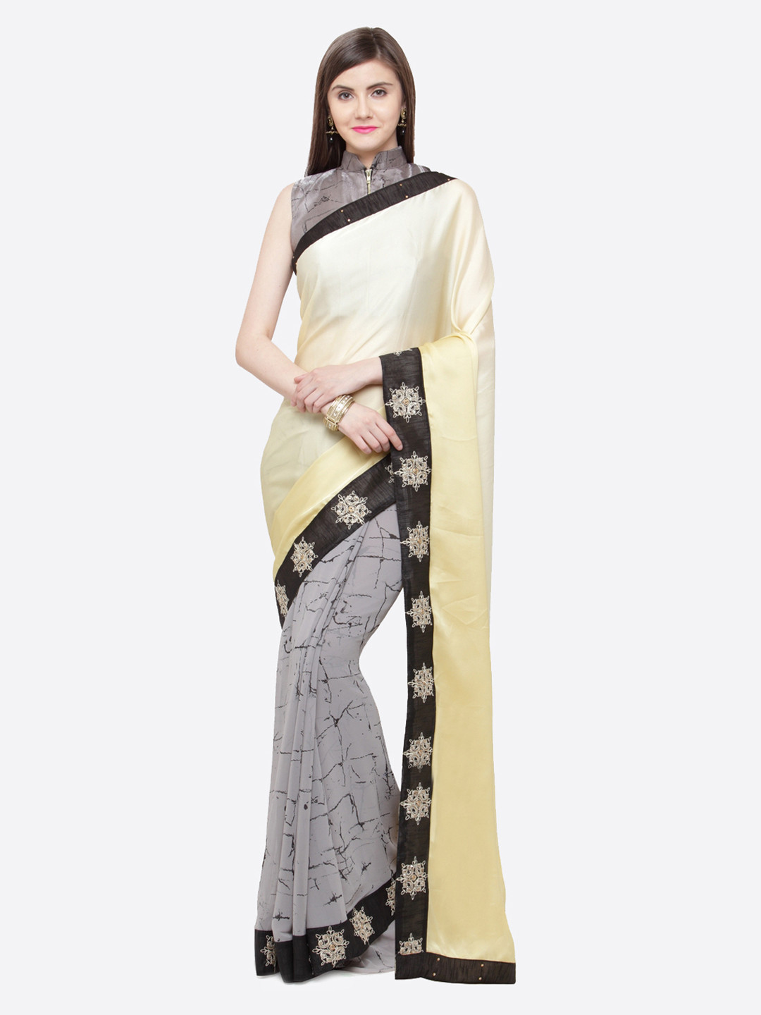 Shaily Grey & Yellow Printed Silk Half & Half Saree 
Shaily Grey & Yellow Printed Silk Half & Half Saree