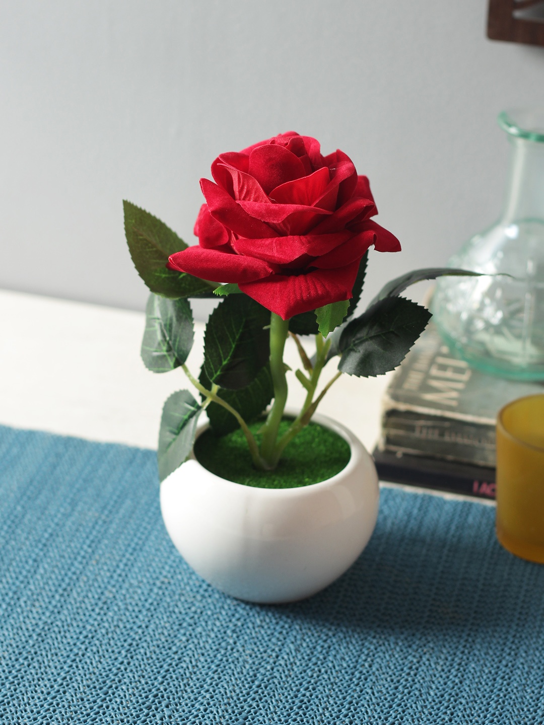 Fourwalls Red & Green Artificial Velvet Rose in a Ceramic Vase