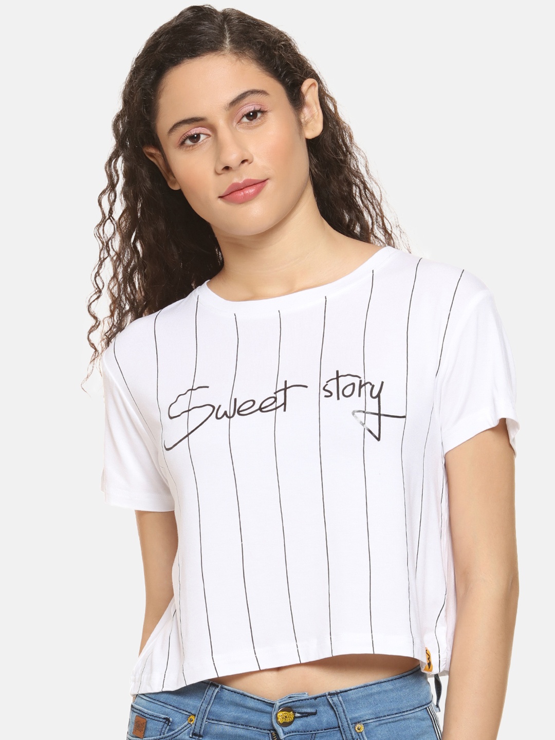 Campus Sutra Women White Striped Crop Top