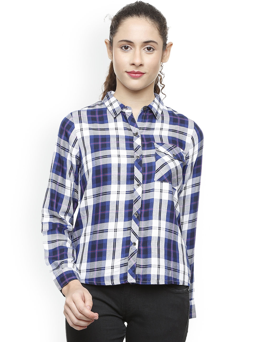 People Women Blue & White Regular Fit Checked Casual Shirt