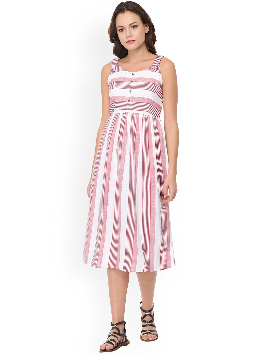 People Women Pink Striped Fit and Flare Dress