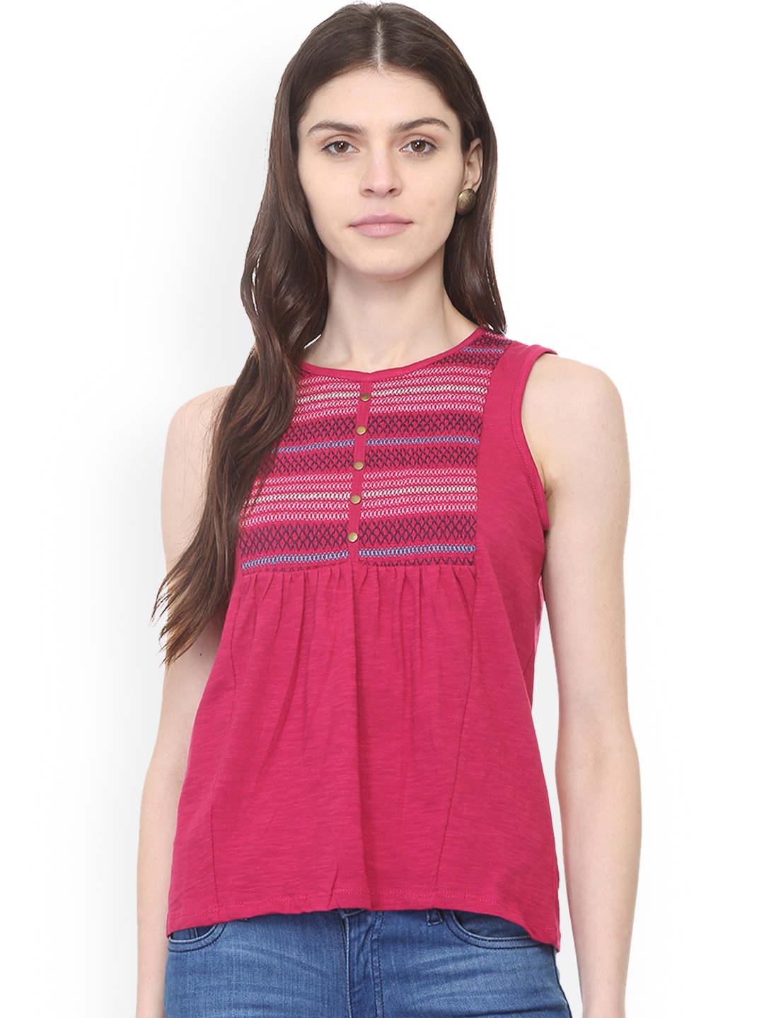People Women Pink Printed Empire Pure Cotton Top