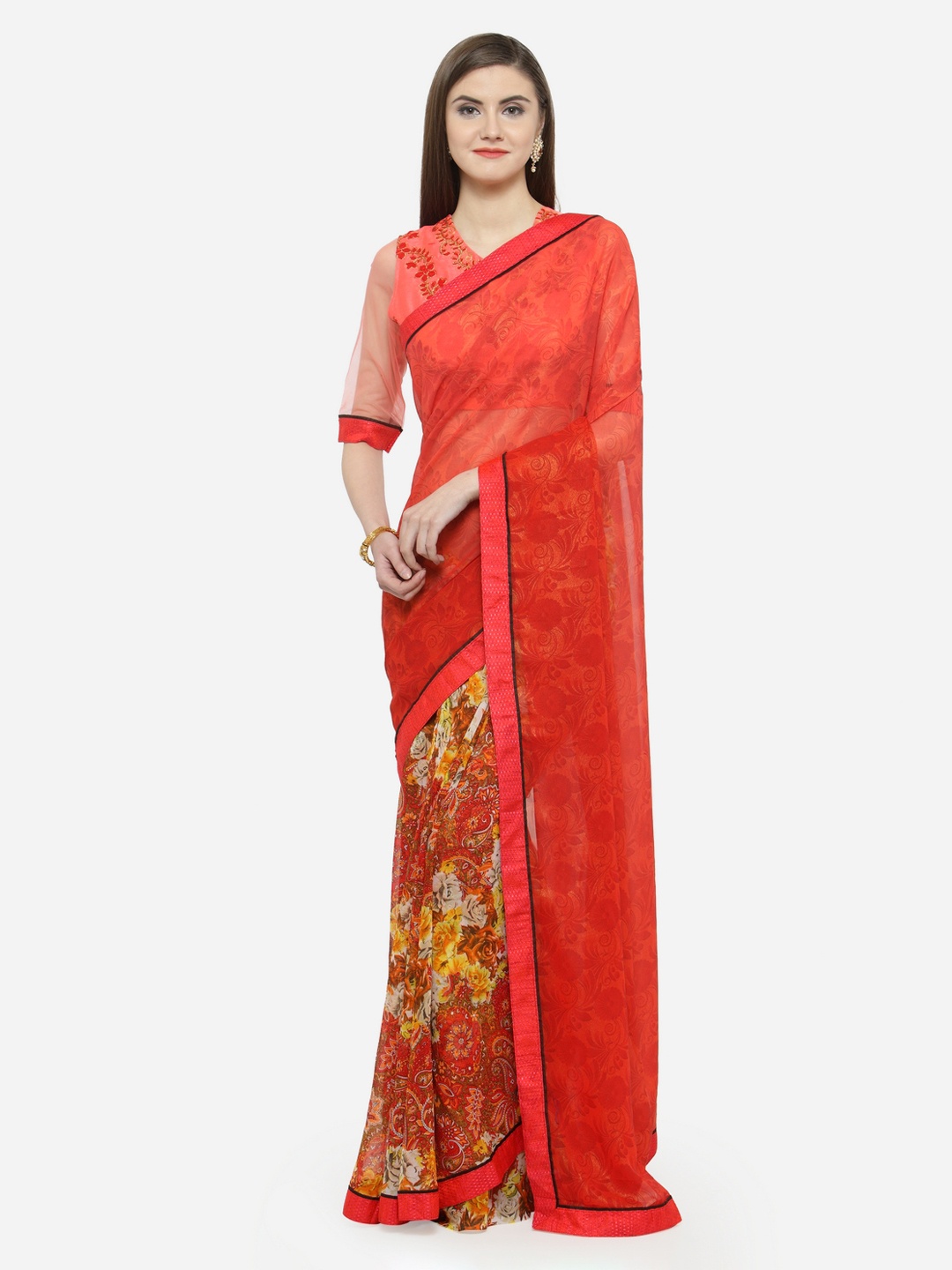 Shaily Red & Orange Pure Georgette Printed Saree
