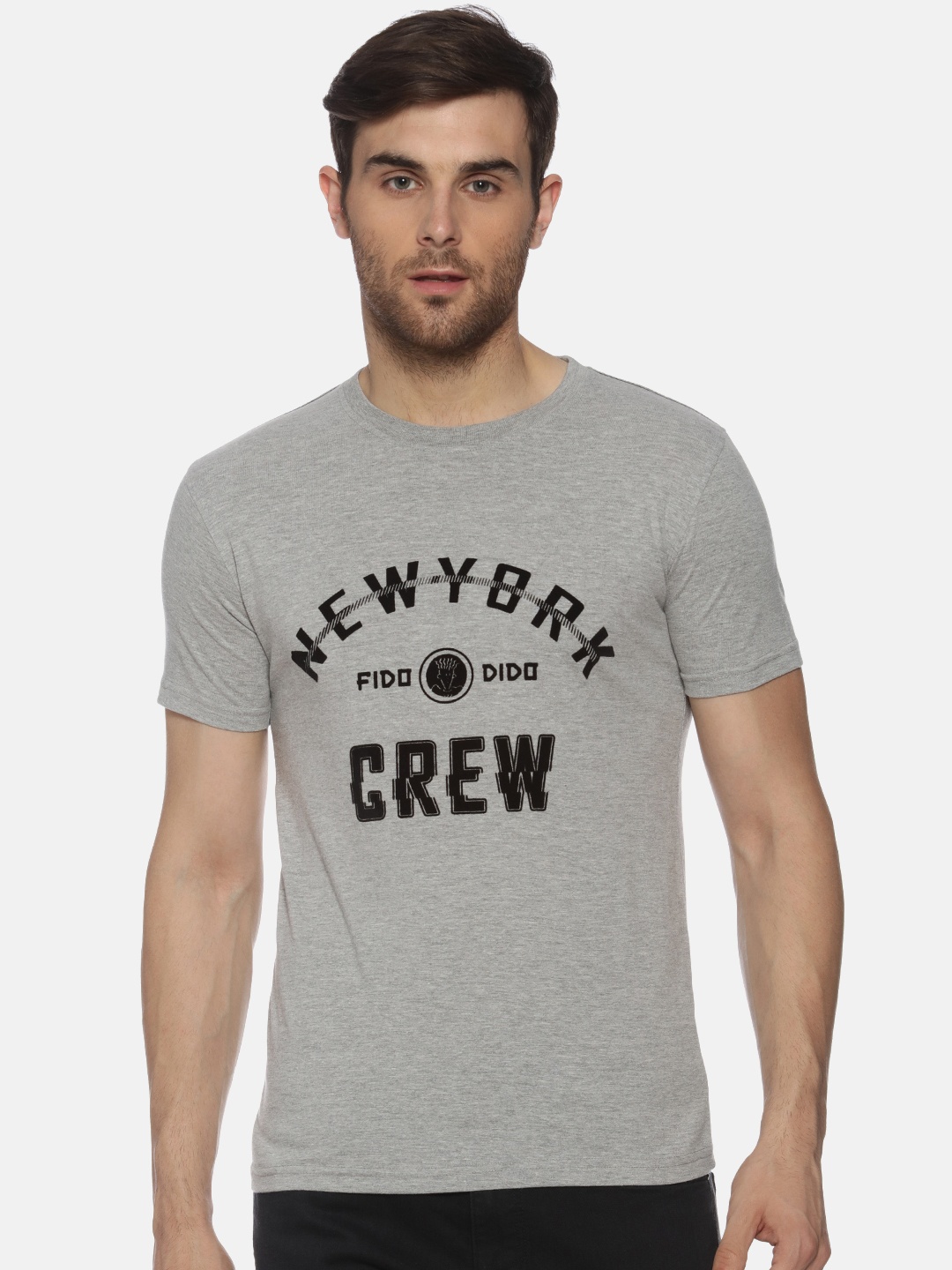FIDO DIDO Men Grey Printed Round Neck Pure Cotton T-shirt