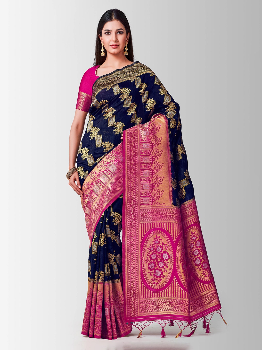 MIMOSA Navy Blue & Pink Art Silk Woven Design Kanjeevaram Saree