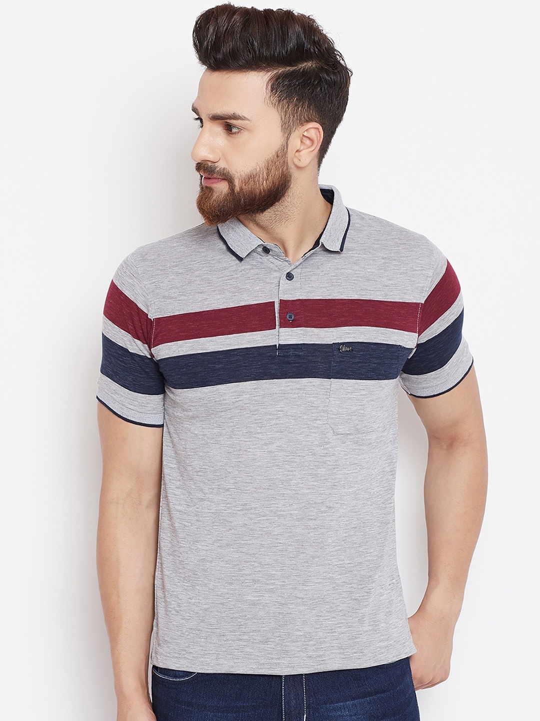 Okane Men Grey Solid Polo Collar T-shirt