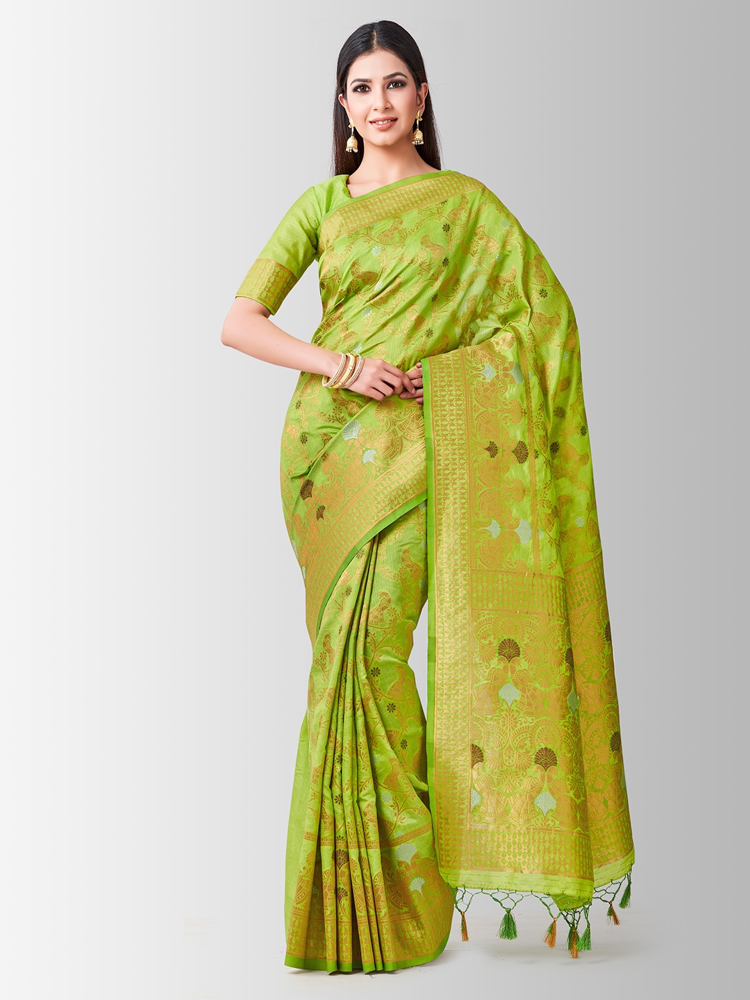 MIMOSA Lime Green Art Silk Woven Design Kanjeevaram Saree