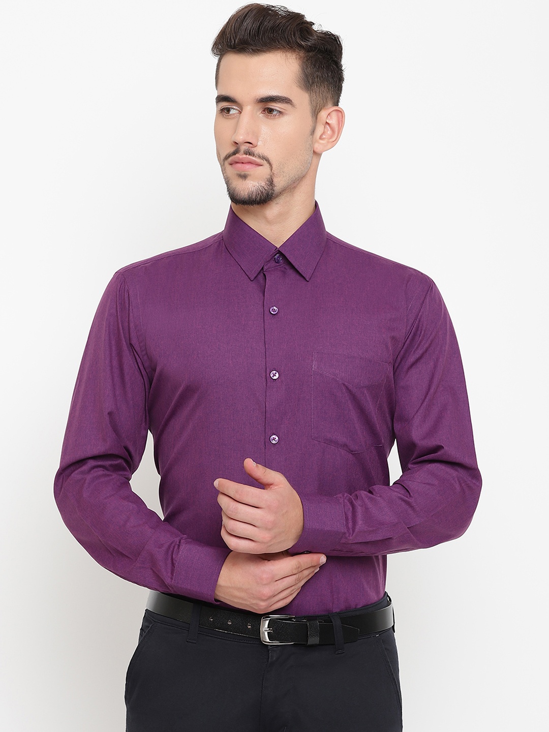 English Navy Men Purple Slim Fit Solid Formal Shirt