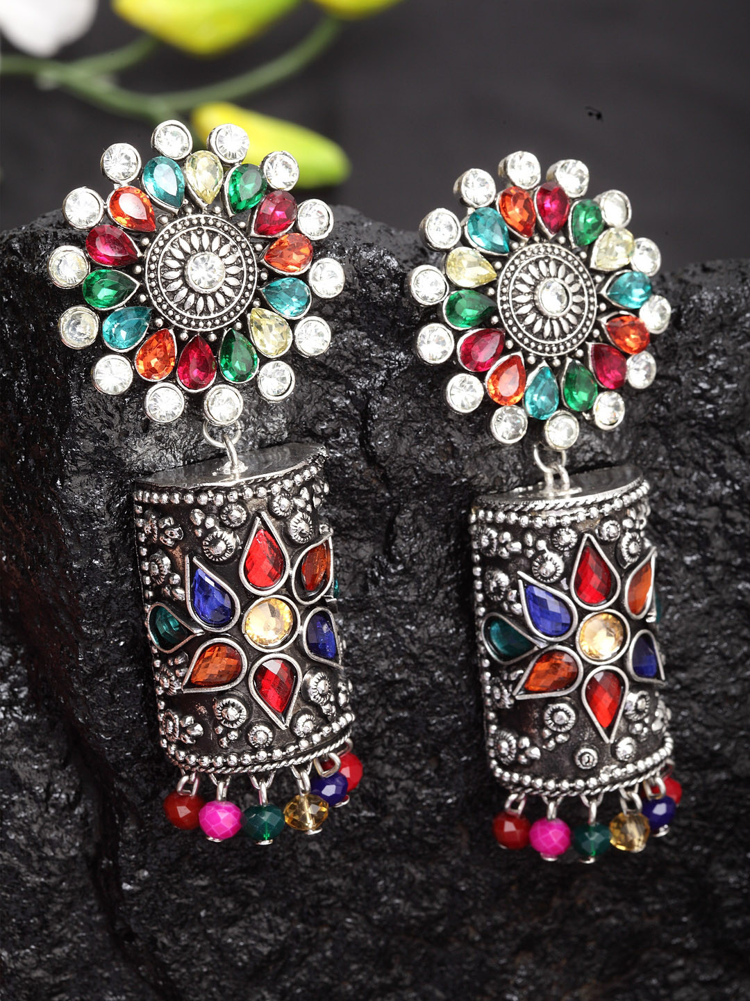 Moedbuille Women Multicoloured & Silver-Plated Handcrafted Contemporary Shaped Jhumkas, Multi 
Moedbuille Women Multicoloured & Silver-Plated Handcrafted Contemporary Shaped Jhumkas, Multi