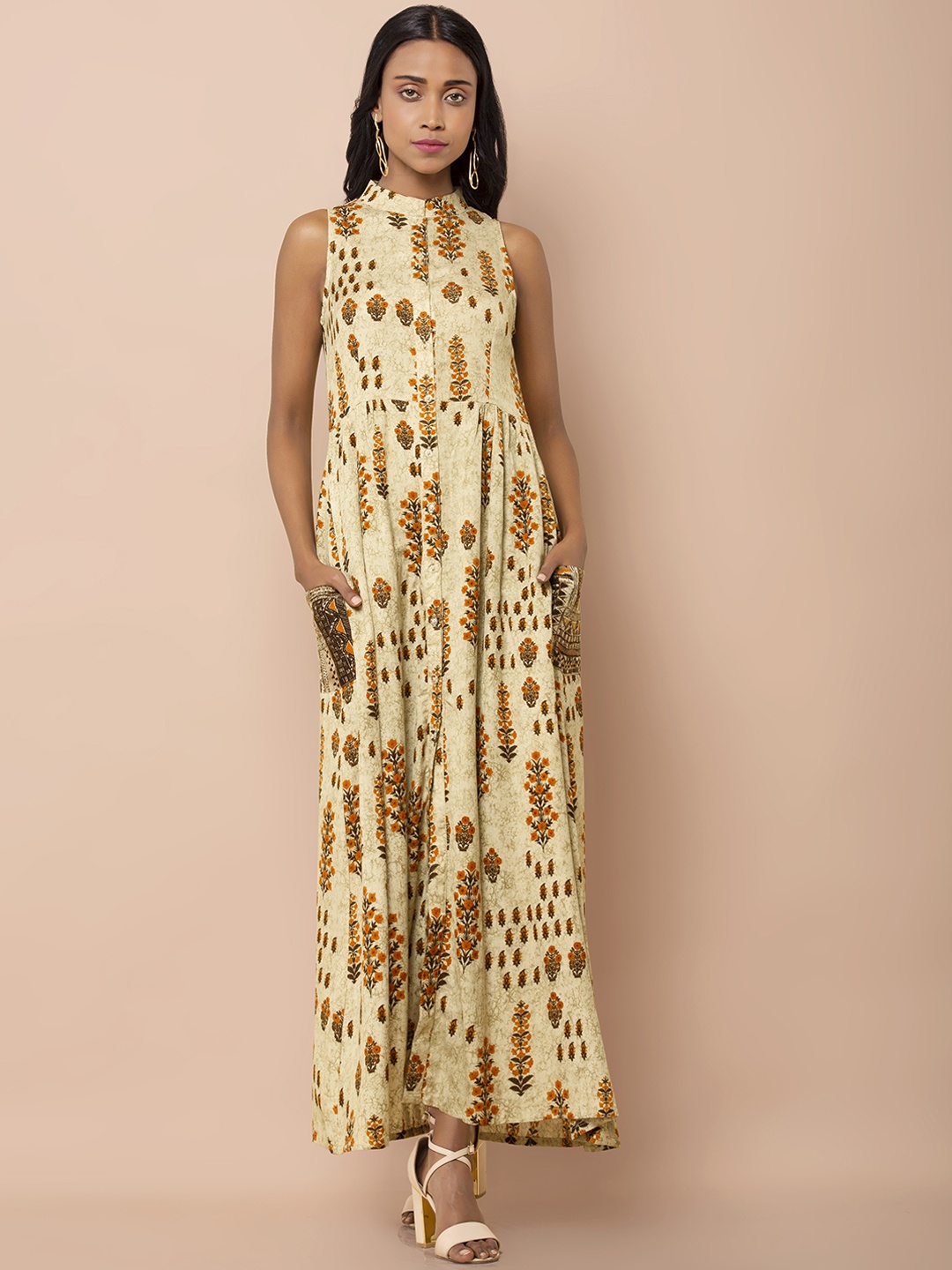 INDYA Women Beige & Yellow Maxi Dress