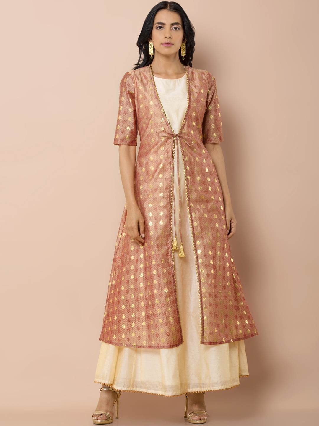 INDYA Women Peach Foil Maxi Jacket With Attached Dress, Cream