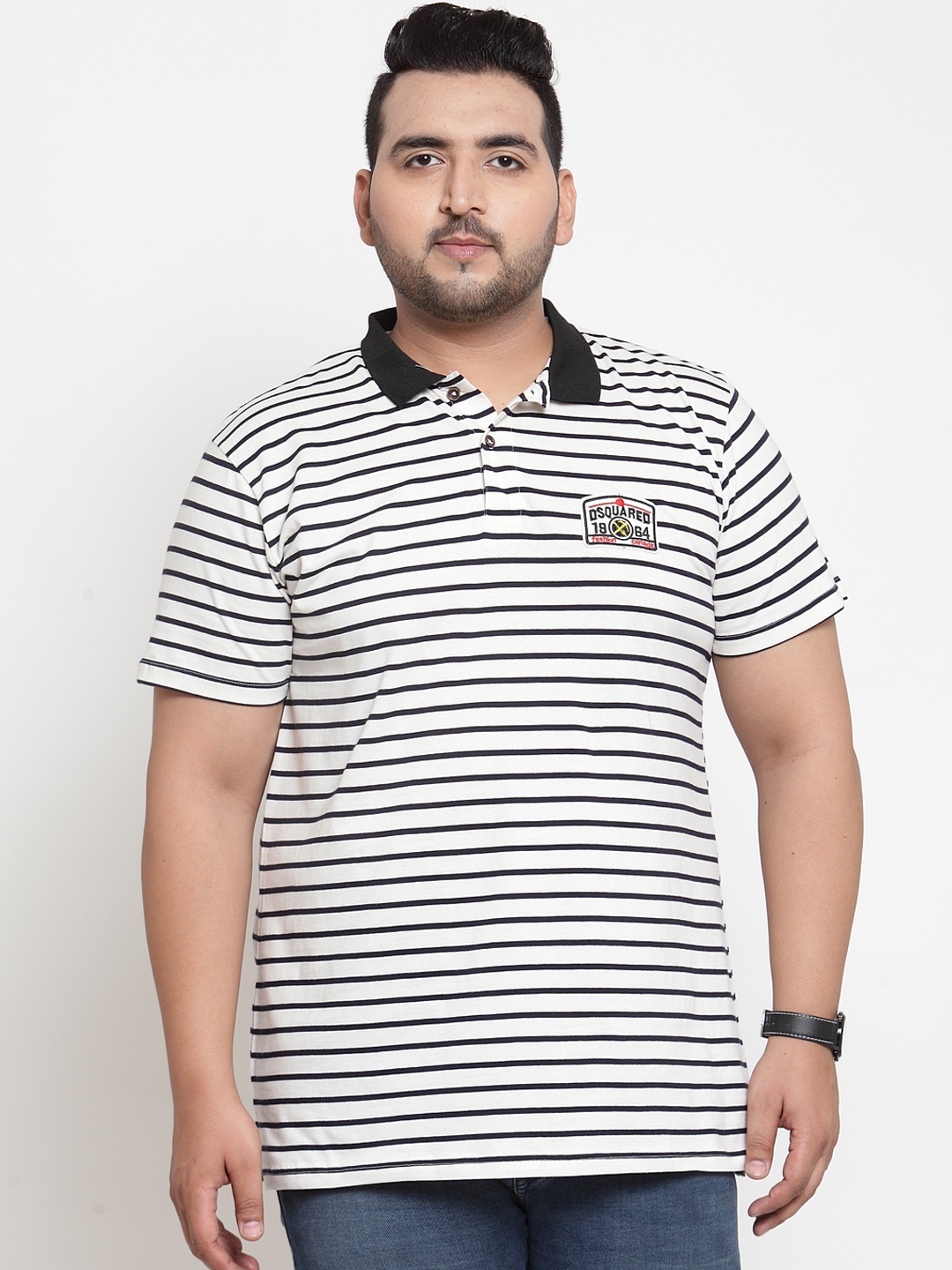 plusS Men White Black Striped Polo Collar Pure Cotton T-shirt