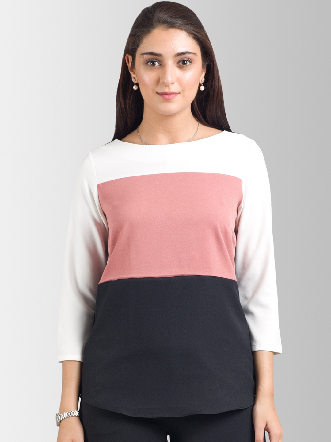 FableStreet Women Black & Pink Colourblocked Top