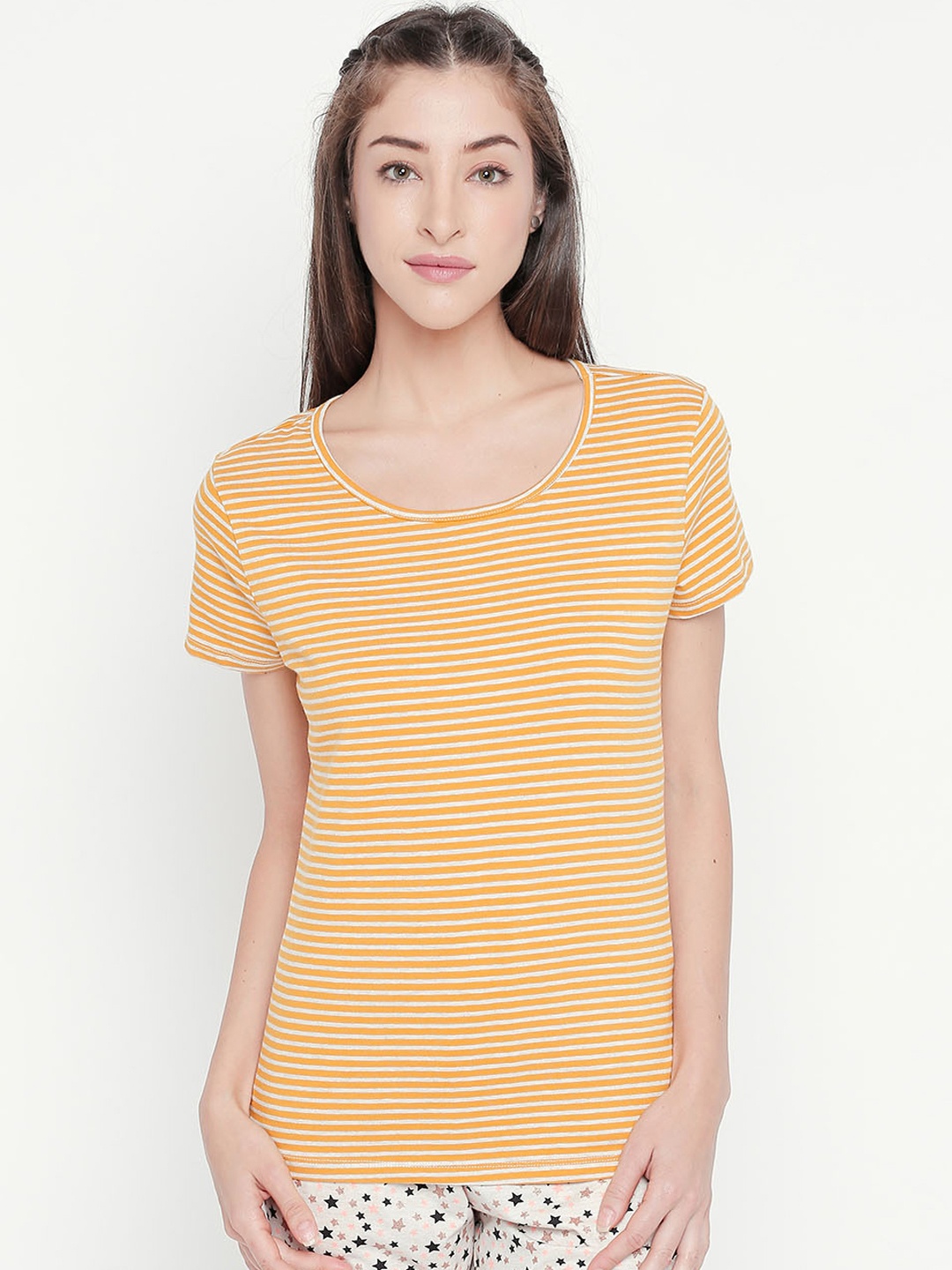 Dreamz by Pantaloons Women Yellow Striped Round Neck Lounge T-shirt