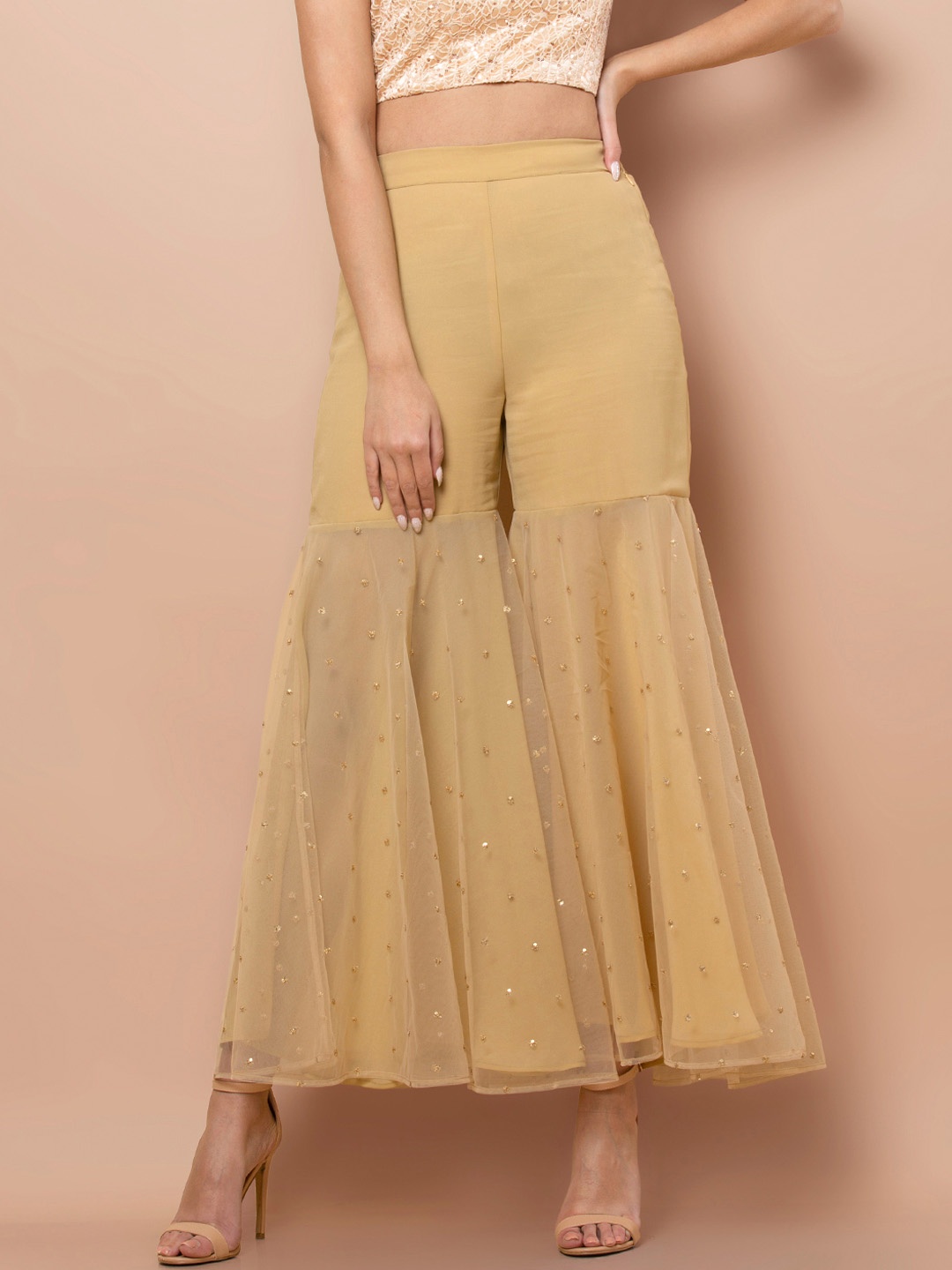 INDYA Women Beige Solid Flared Palazzos