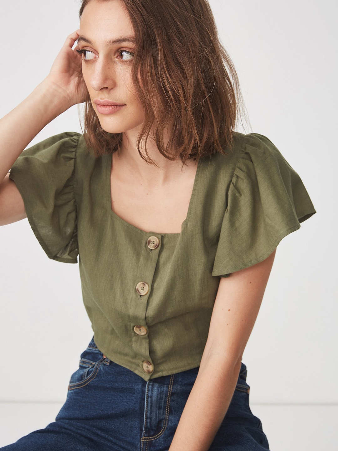 COTTON ON Women Olive Green Solid Crop Top