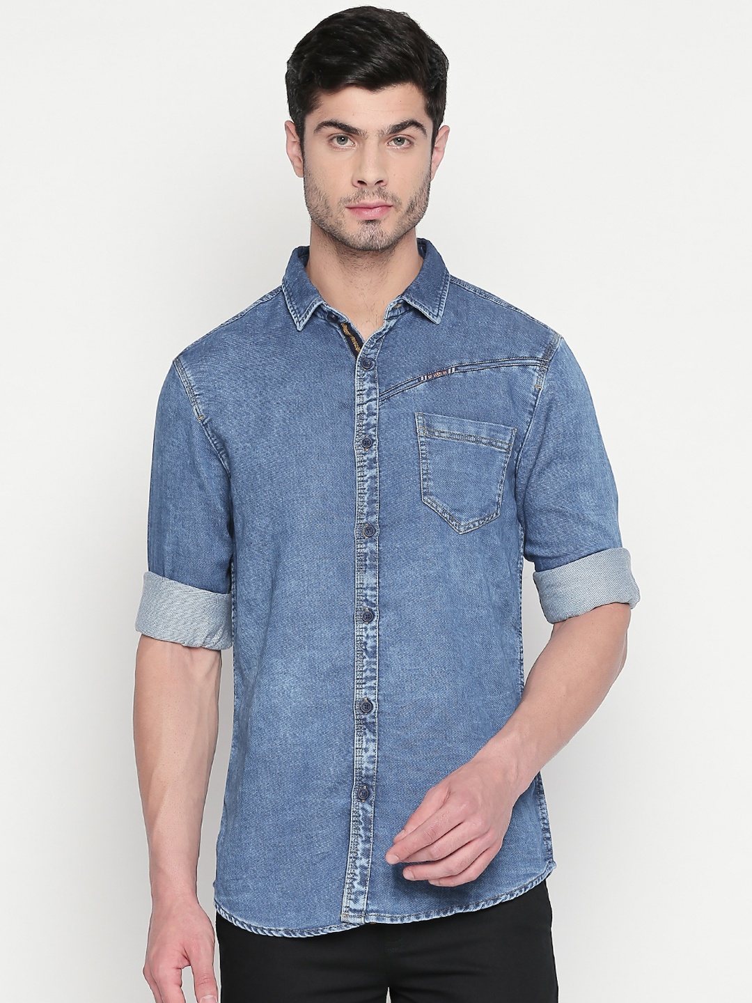 SF JEANS by Pantaloons Men Blue Slim Fit Solid Casual Shirt