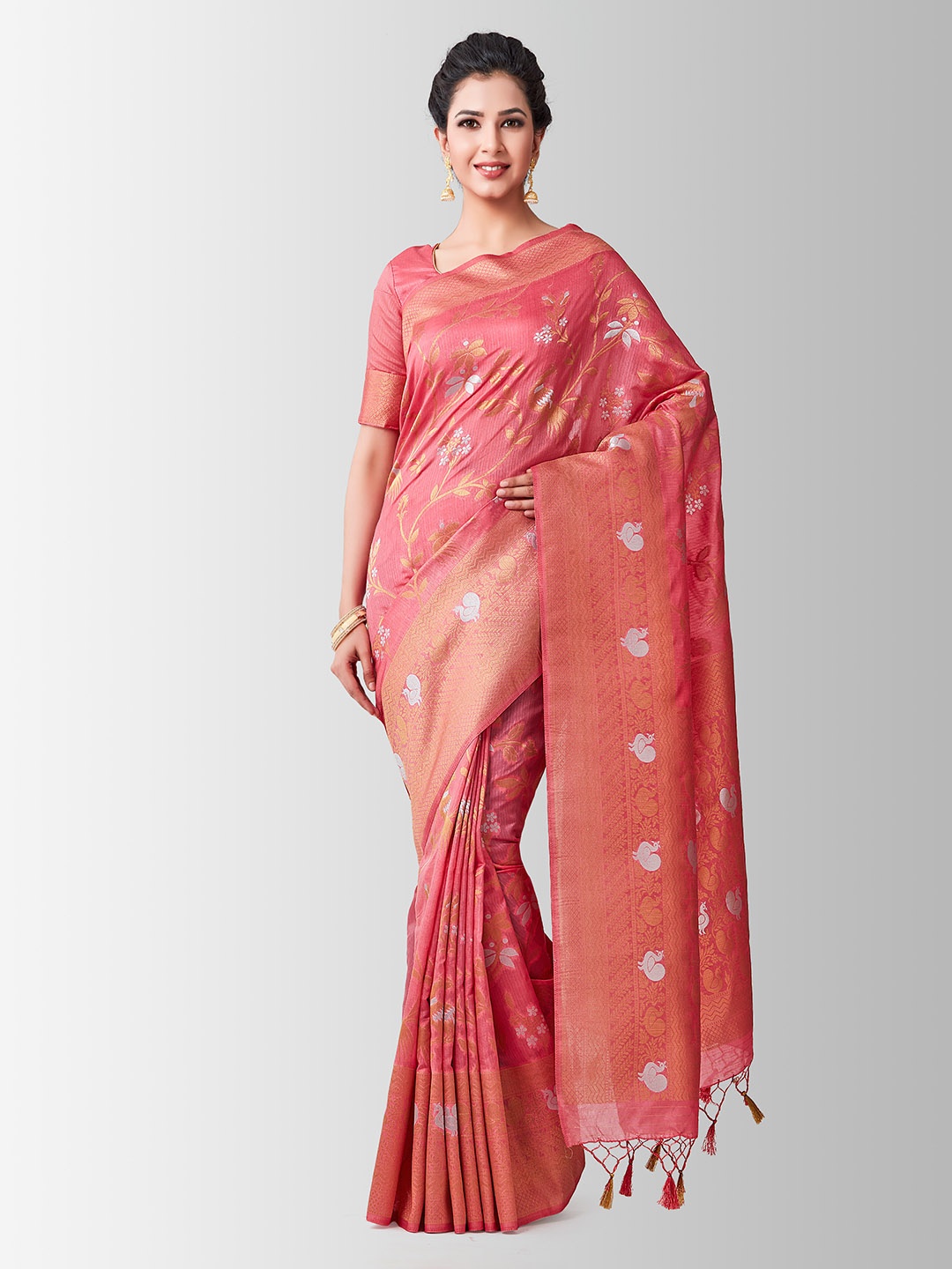 MIMOSA Pink Art Silk Woven Design Kanjeevaram Saree