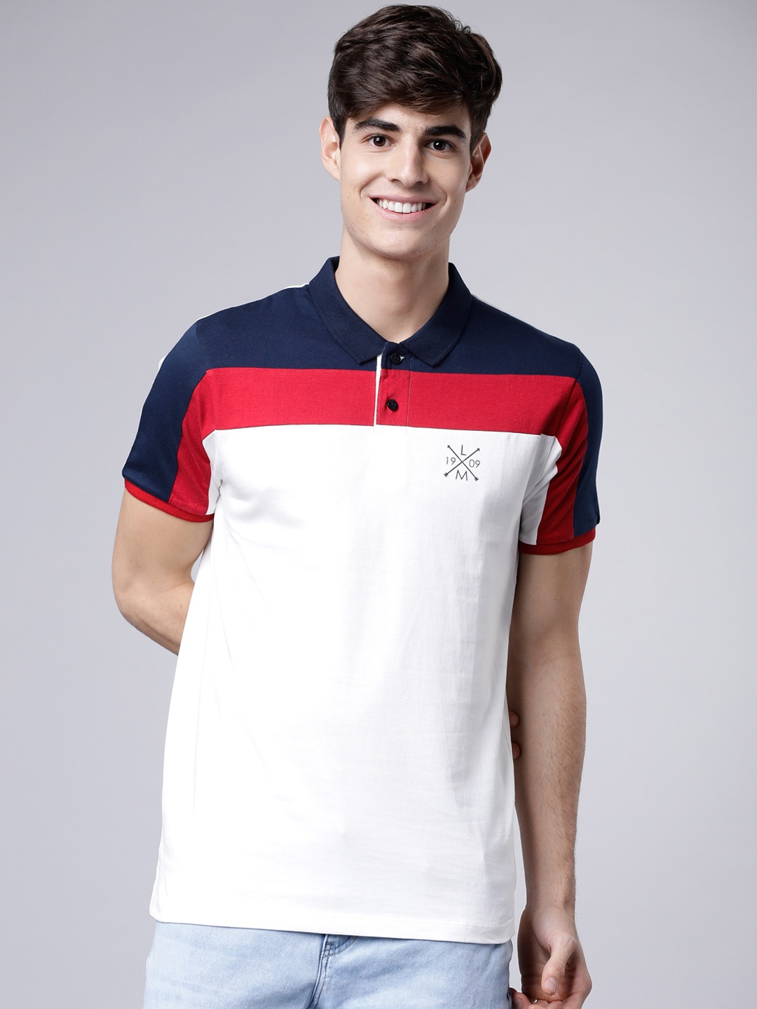 LOCOMOTIVE Men White & Navy Blue Colourblocked Polo Collar T-shirt