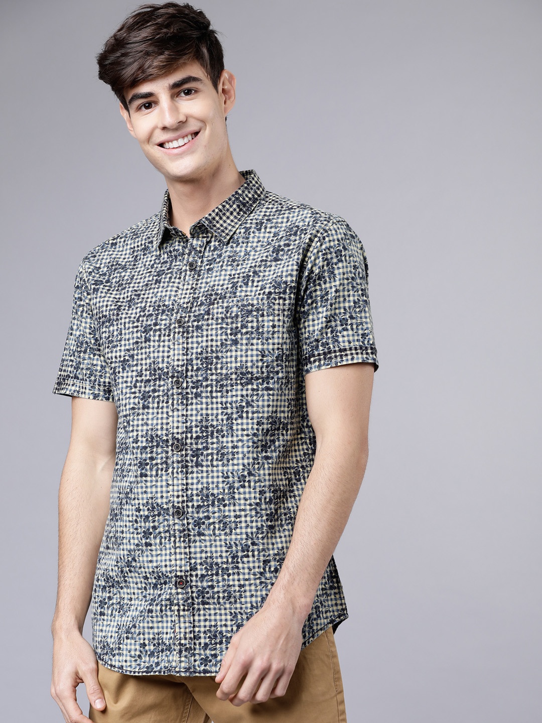 LOCOMOTIVE Men Blue & Beige Slim Fit Checked Casual Shirt