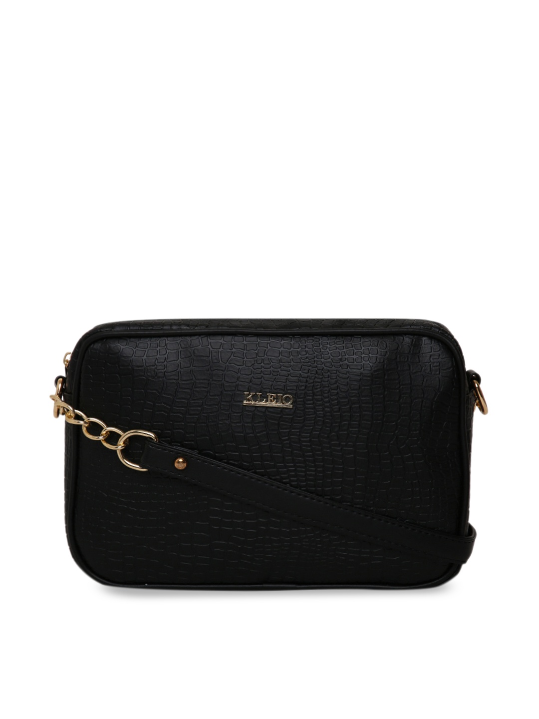 KLEIO Black Crocskin Textured Sling Bag