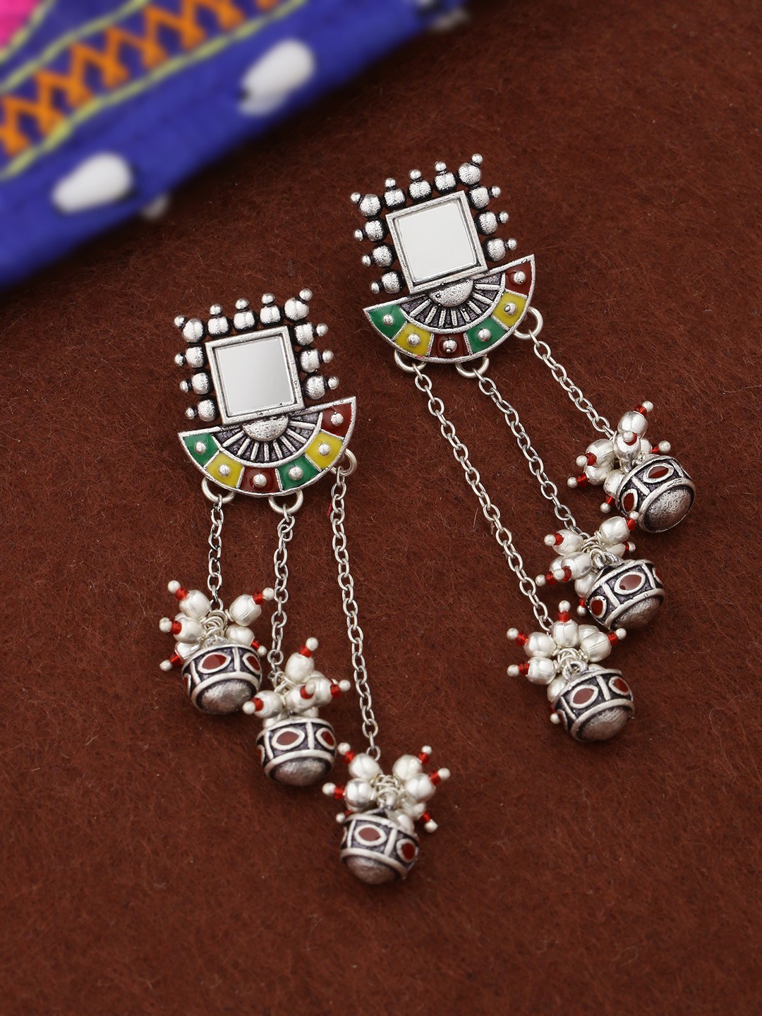 Voylla Silver-Plated & Yellow Enamelled Geometric Drop Earrings