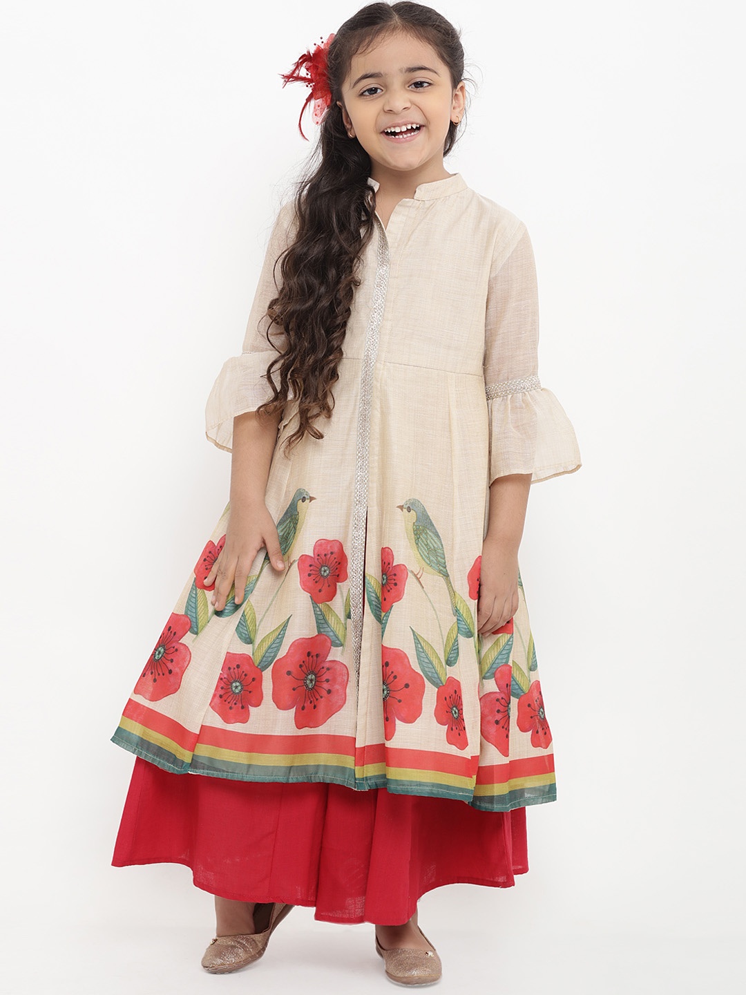 Bitiya by Bhama Girls Beige & Red Printed Kurta with Palazzos