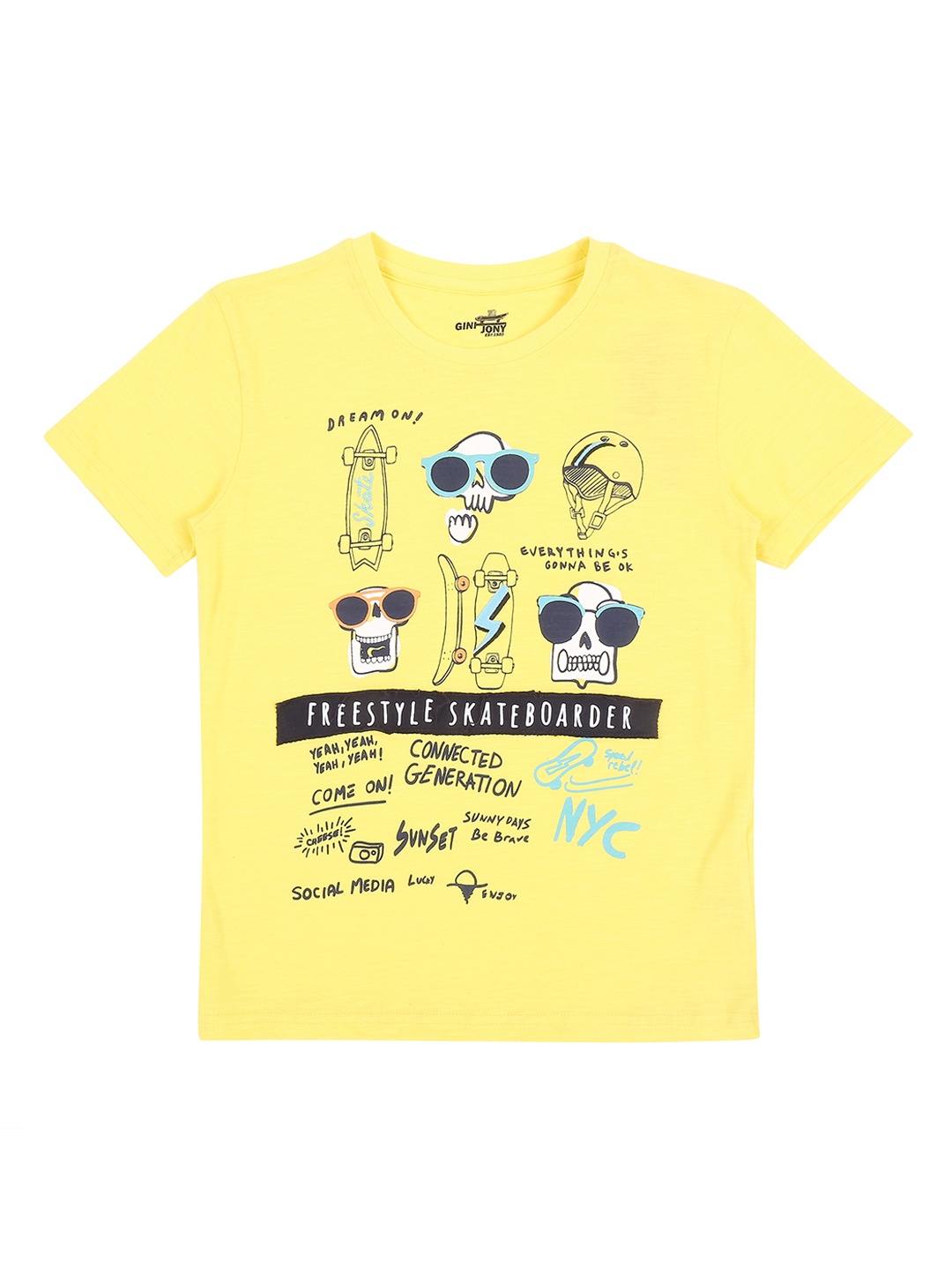 Gini and Jony Boys Yellow Printed Round Neck T-shirt