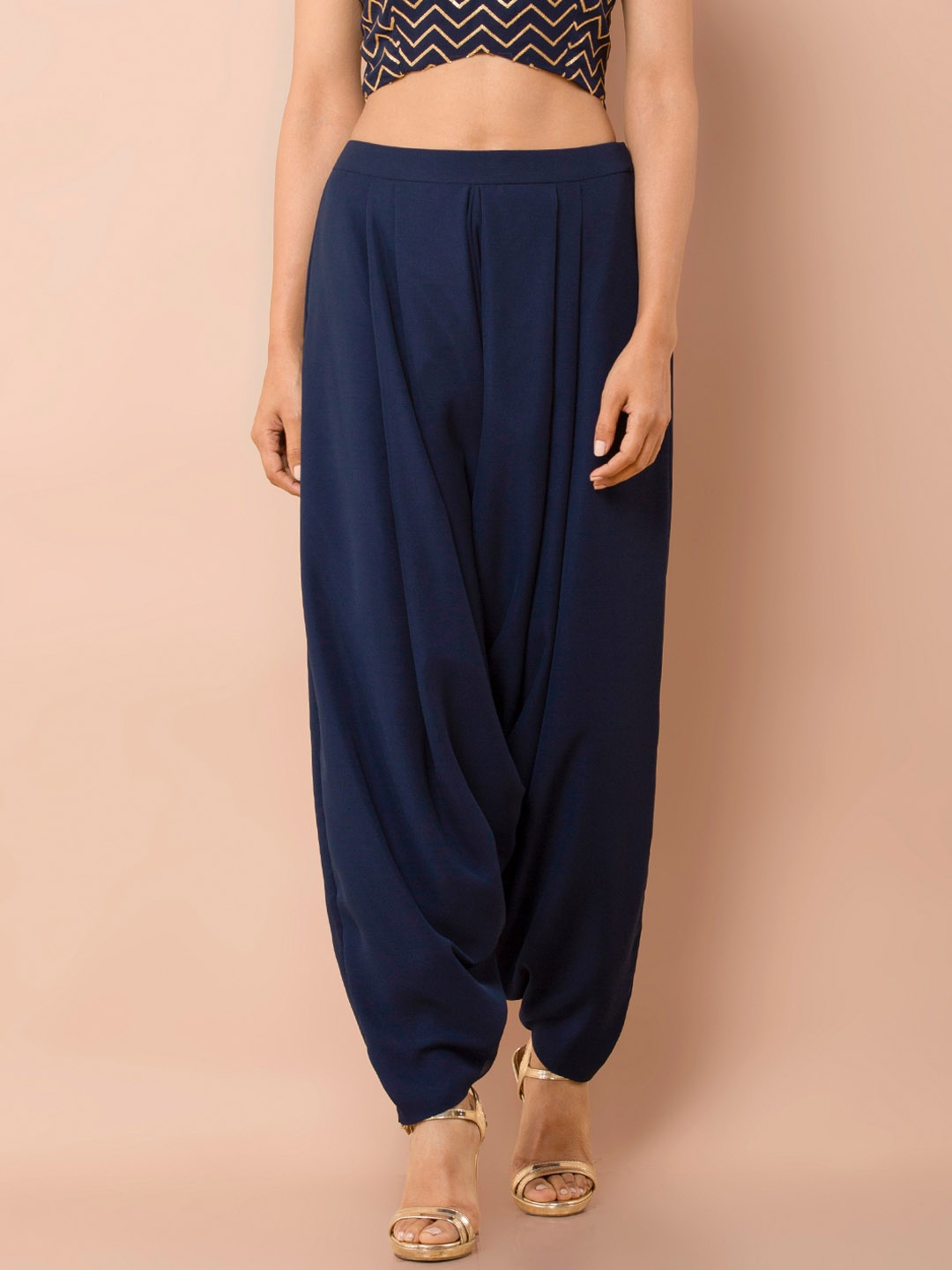 INDYA Women Blue Loose Fit Solid Drop Crotch Trousers