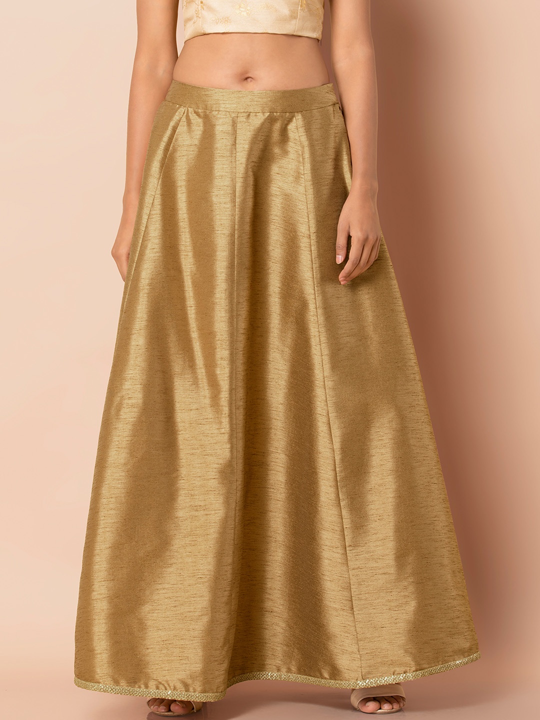INDYA Women Gold-Toned Solid Flared Maxi Skirt