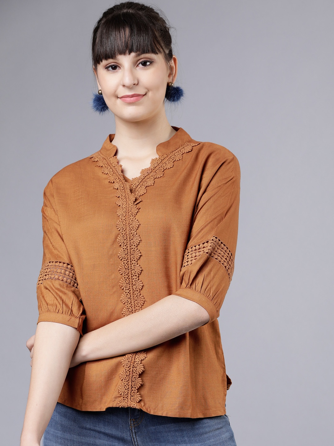 Tokyo Talkies Women Brown Self Design A-Line Top