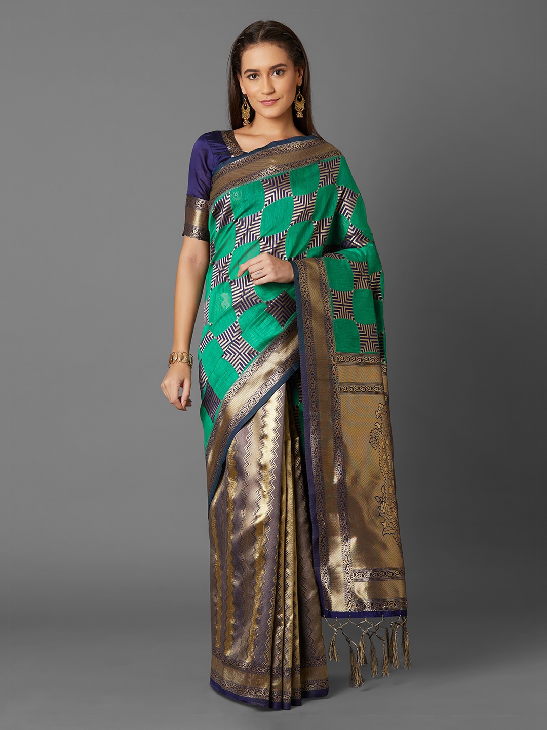 Mitera Sea Green & Gold-Toned Silk Blend Woven Design Kanjeevaram Saree