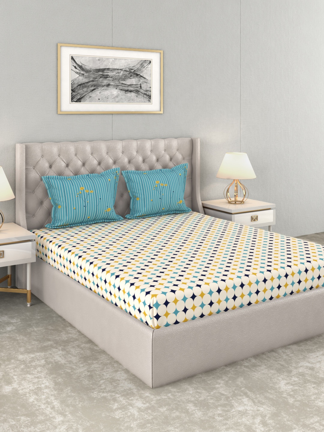 MYTRIDENT Beige Blue Abstract 120 TC Cotton 1 Queen Bedsheet with 2 Pillow Covers