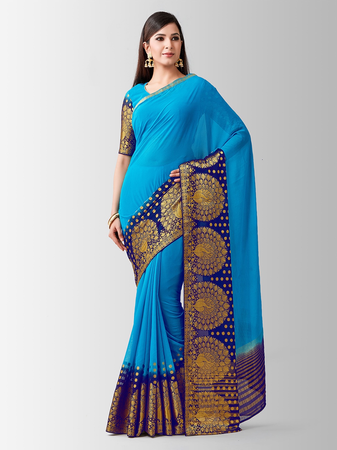 MIMOSA Blue & Gold-Toned Poly Chiffon Woven Design Kanjeevaram Saree