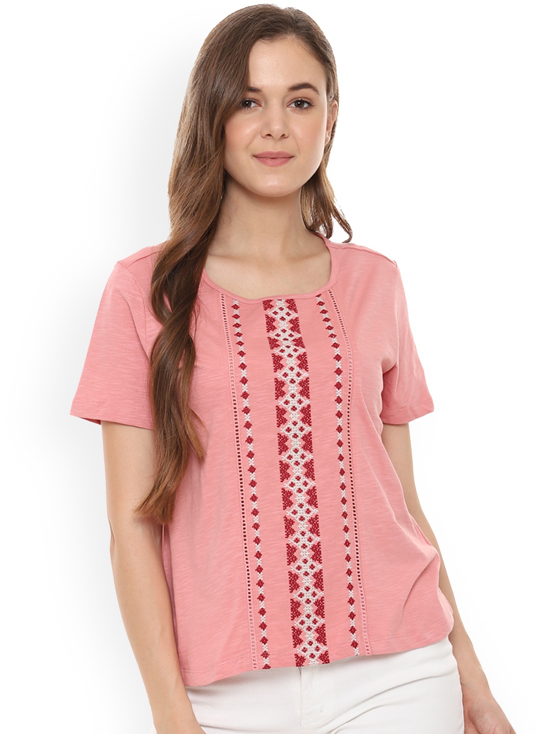People Women Pink Printed Pure Cotton Top