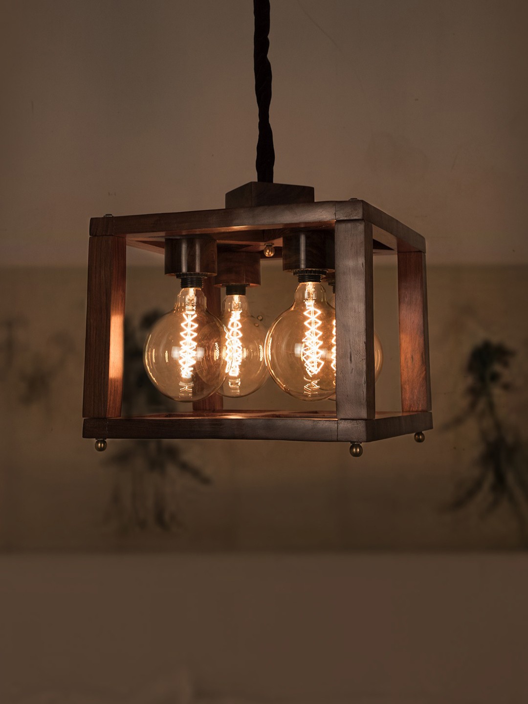 Fos Lighting Open Frame 4 Light Hardwood Cube Pendant Lamp, Brown