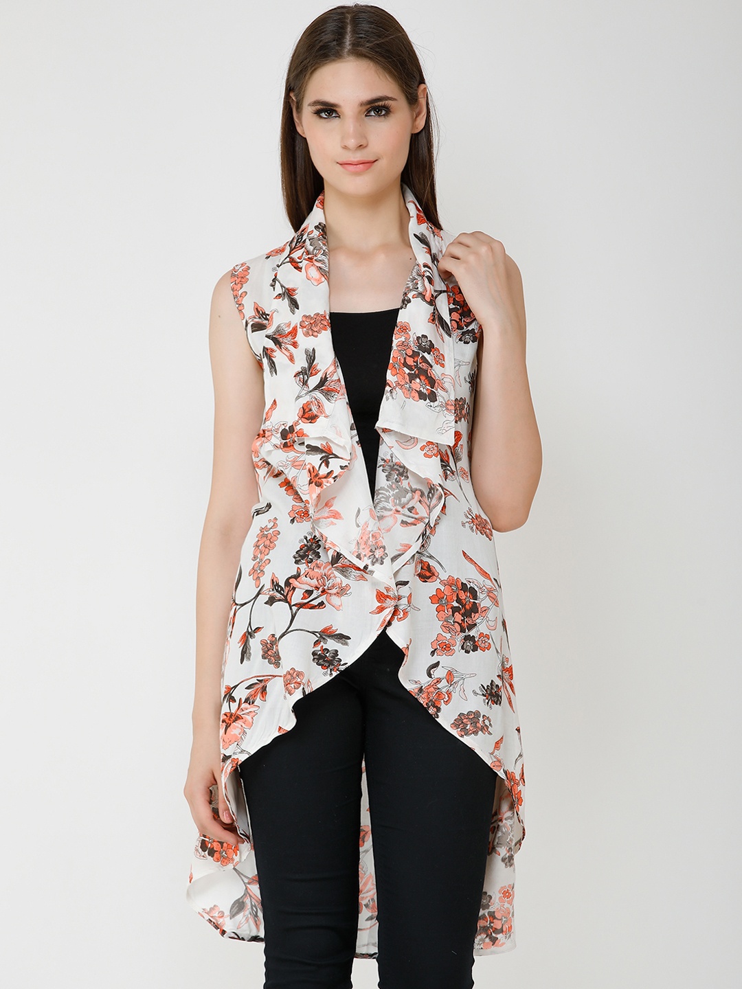 Cation Women Off-White & Orange Printed Open Front Shrug