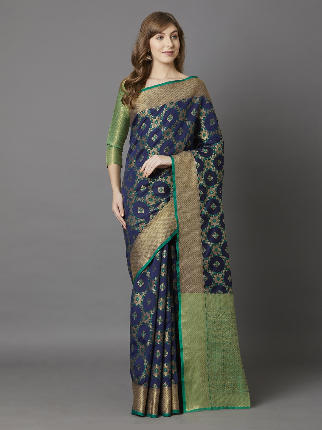 Mitera Navy Blue & Green Silk Blend Woven Design Banarasi Saree