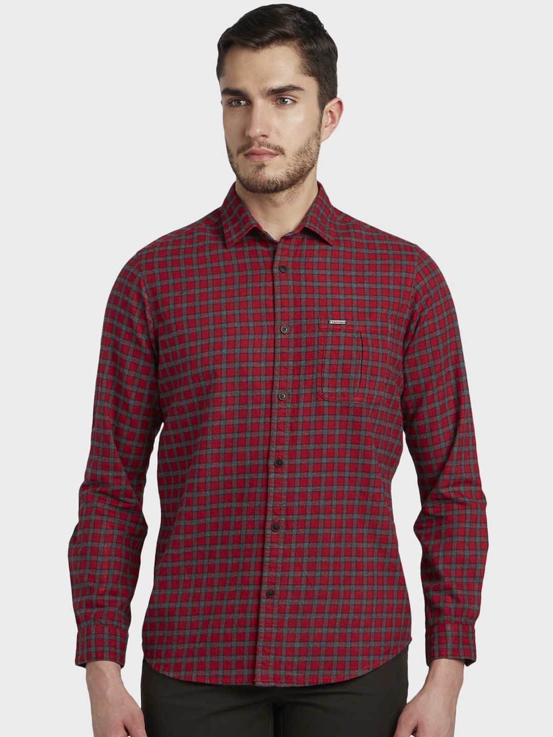ColorPlus Men Red & Grey Regular Fit Checked Casual Shirt