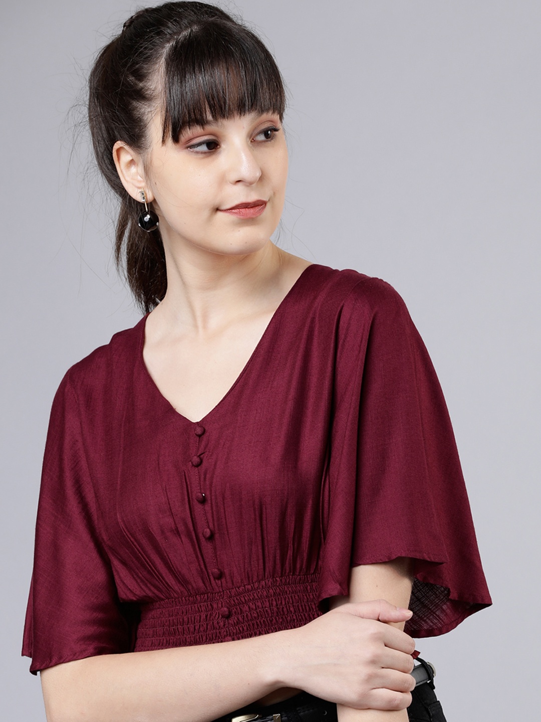 Tokyo Talkies Women Maroon Solid Smocked Crop Top