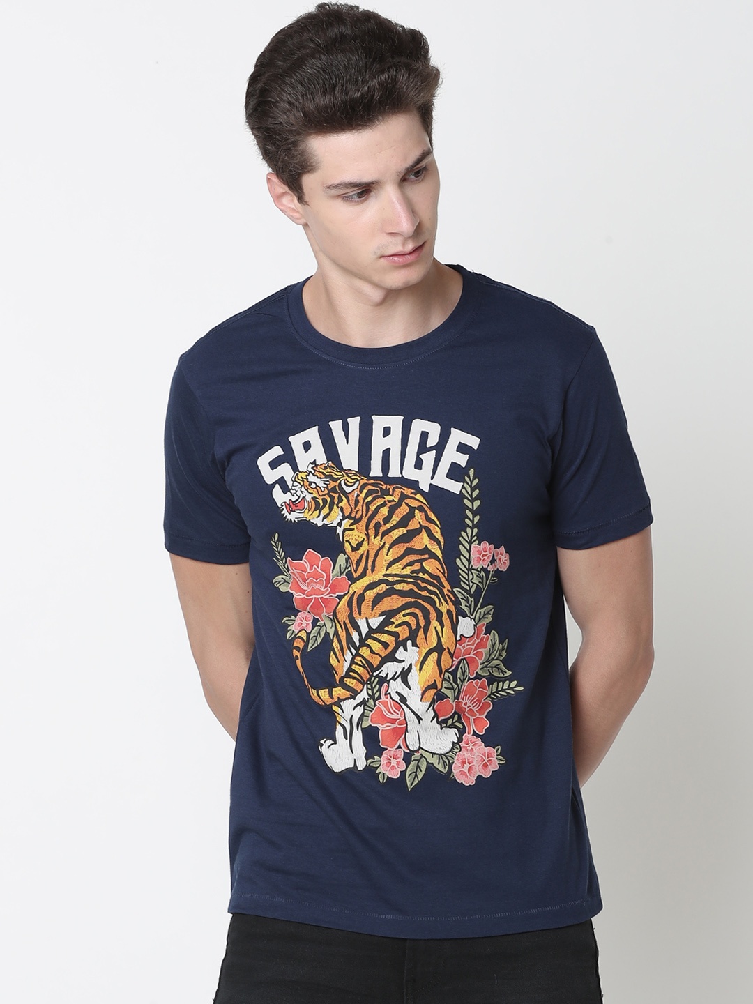 Newport Men Navy Blue Printed Round Neck Pure Cotton T-shirt