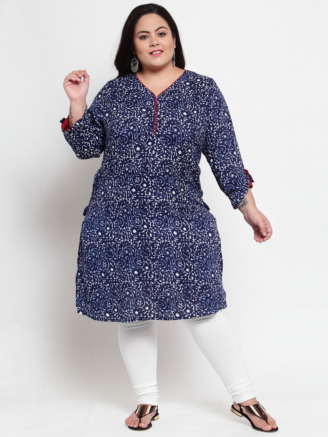 plusS Women Navy Blue & White Printed Straight Kurta