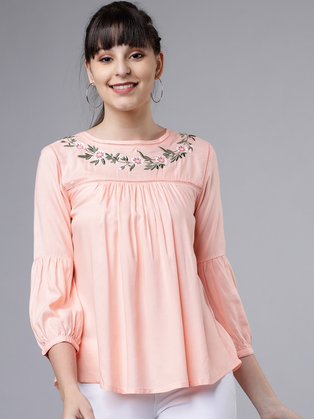 Vishudh Women Peach-Coloured Printed A-Line Top