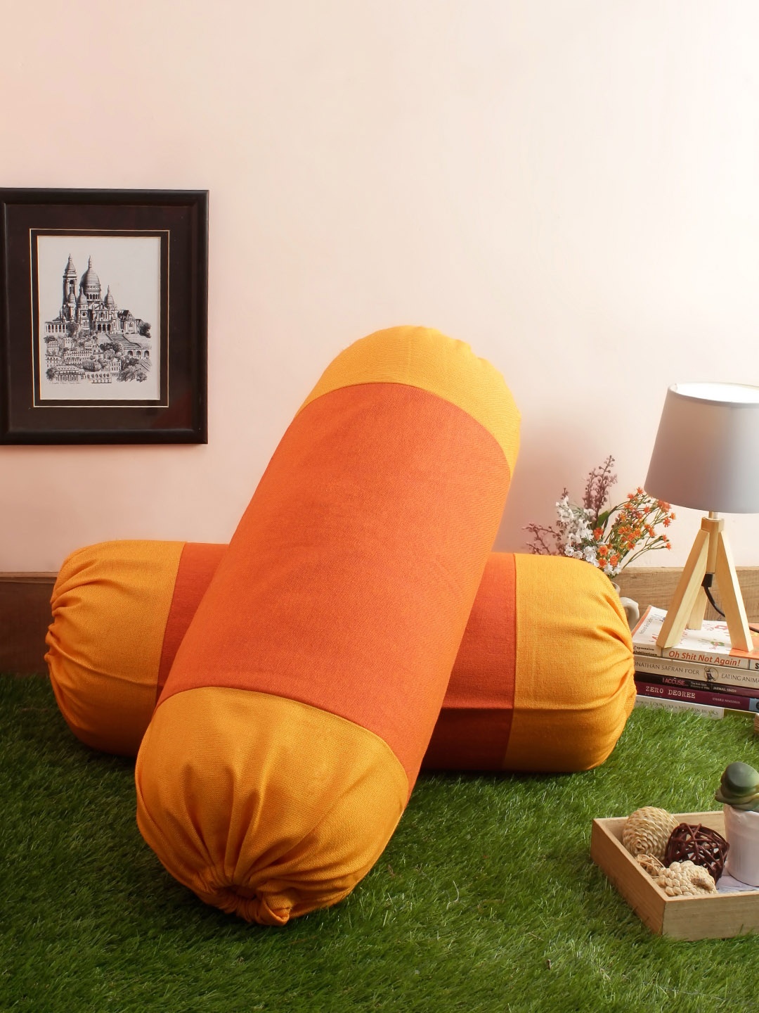 Soumya Set of 2 Orange & Yellow Colourblocked 200TC Cotton Bolster Covers